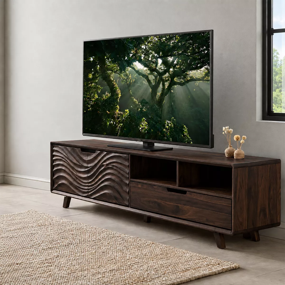 Handcrafted Solid Wood TV Stand With Sculptural Wave Carved Doors And Open Storage Shelves - Livewoodcraft - 10