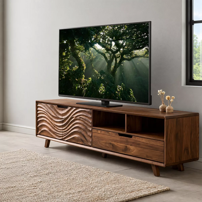 Handcrafted Solid Wood TV Stand With Sculptural Wave Carved Doors And Open Storage Shelves - Livewoodcraft - 11