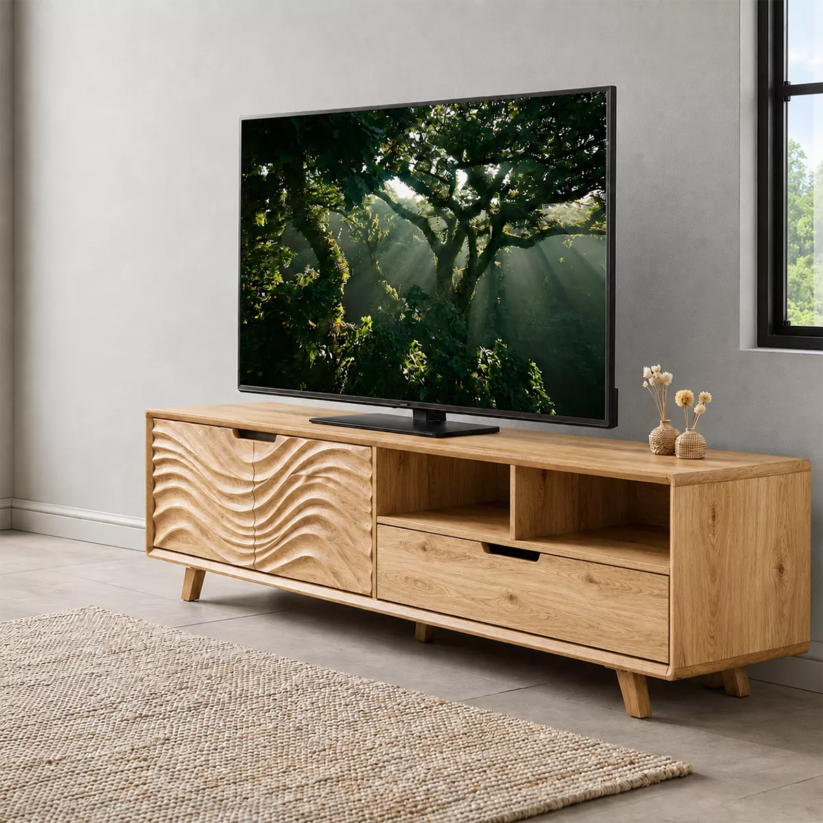 Handcrafted Solid Wood TV Stand With Sculptural Wave Carved Doors And Open Storage Shelves - Livewoodcraft - 3