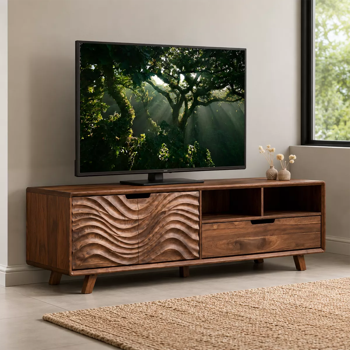 Handcrafted Solid Wood TV Stand With Sculptural Wave Carved Doors And Open Storage Shelves - Livewoodcraft - 4