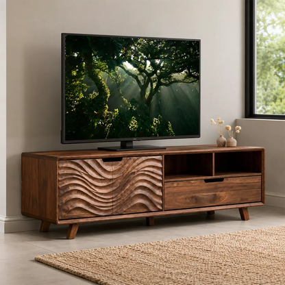 Handcrafted Solid Wood TV Stand With Sculptural Wave Carved Doors And Open Storage Shelves - Livewoodcraft - 4