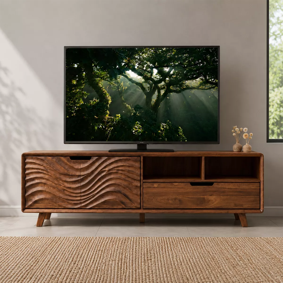 Handcrafted Solid Wood TV Stand With Sculptural Wave Carved Doors And Open Storage Shelves - Livewoodcraft - 5
