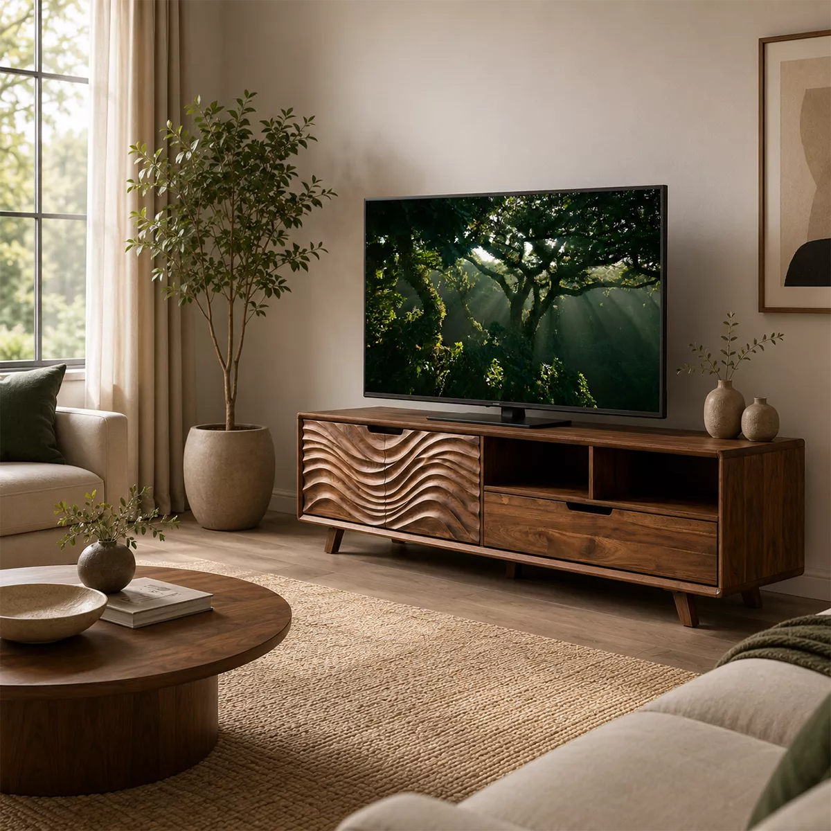 Handcrafted Solid Wood TV Stand With Sculptural Wave Carved Doors And Open Storage Shelves - Livewoodcraft - 6