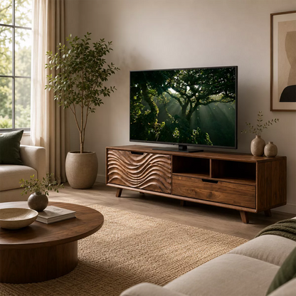 Handcrafted Solid Wood TV Stand With Sculptural Wave Carved Doors And Open Storage Shelves - Livewoodcraft - 6