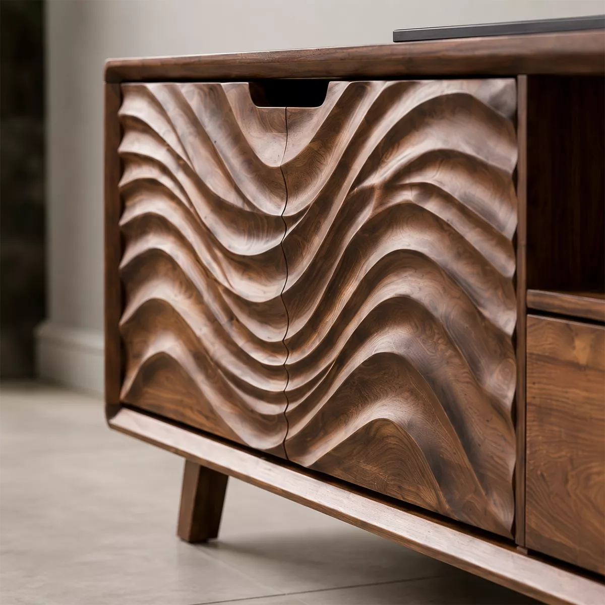 Handcrafted Solid Wood TV Stand With Sculptural Wave Carved Doors And Open Storage Shelves - Livewoodcraft - 7