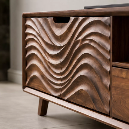 Handcrafted Solid Wood TV Stand With Sculptural Wave Carved Doors And Open Storage Shelves - Livewoodcraft - 7