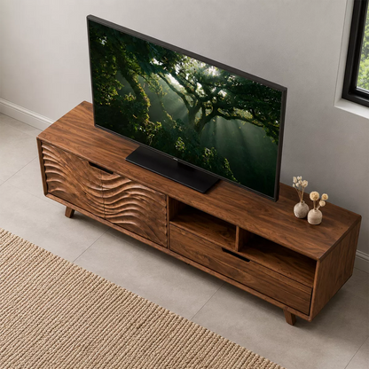 Handcrafted Solid Wood TV Stand With Sculptural Wave Carved Doors And Open Storage Shelves - Livewoodcraft - 8