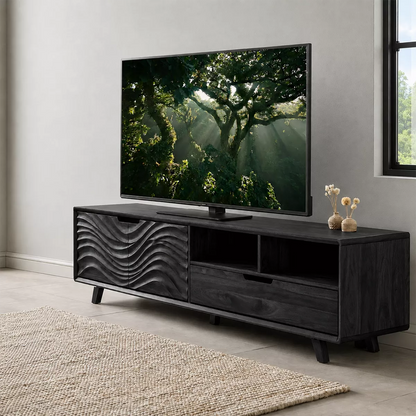 Handcrafted Solid Wood TV Stand With Sculptural Wave Carved Doors And Open Storage Shelves - Livewoodcraft - 9