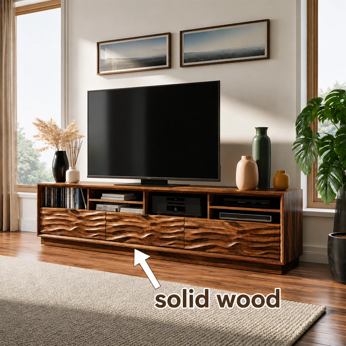 Natural Solid Wood TV Stand Sculpted Wave Modern Style