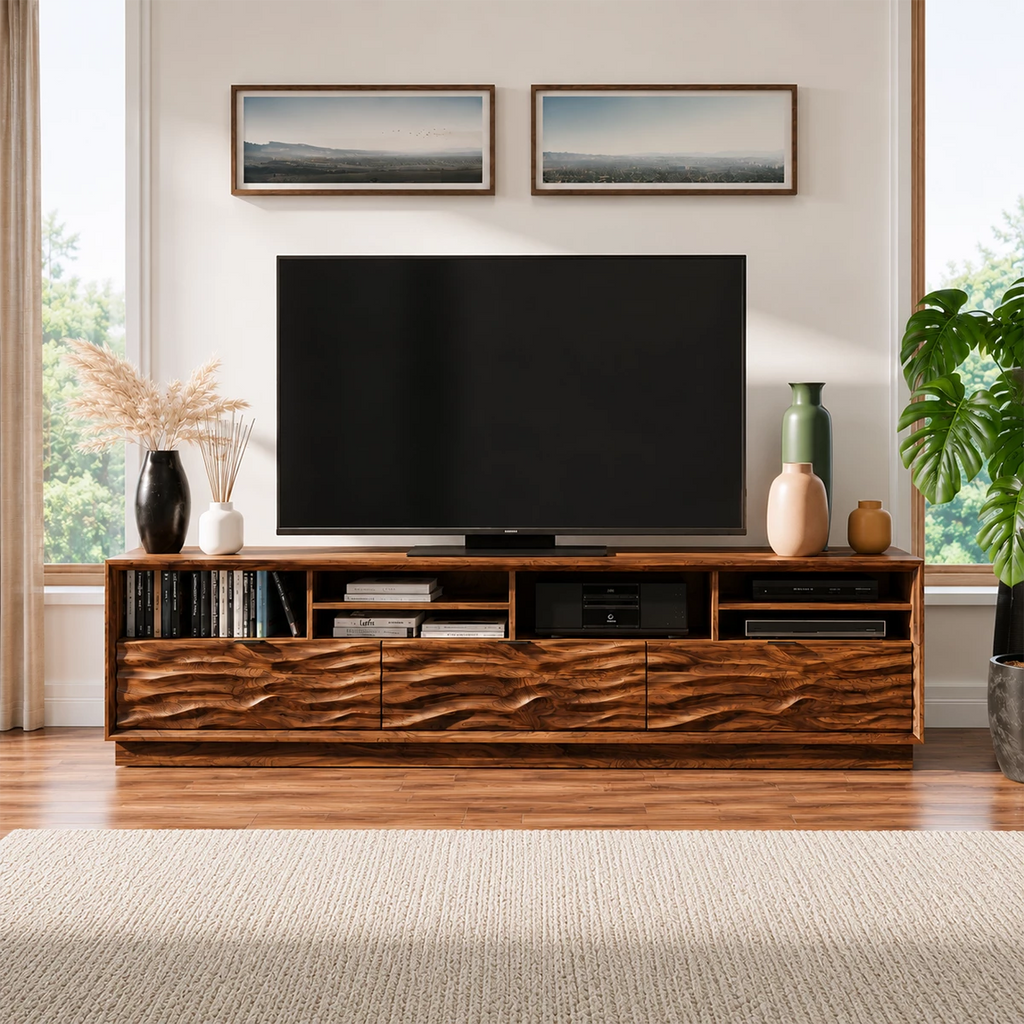 Natural Solid Wood TV Stand Sculpted Wave Modern Style