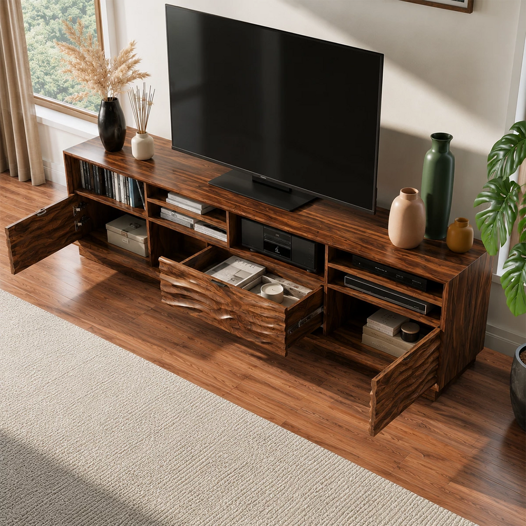 Natural Solid Wood TV Stand Sculpted Wave Modern Style
