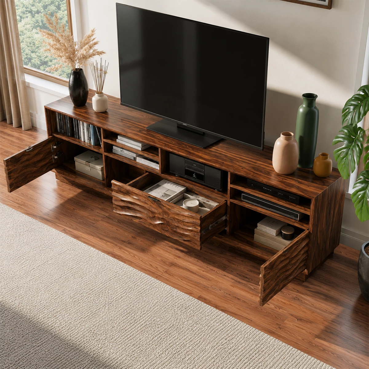 Natural Solid Wood TV Stand Sculpted Wave Modern Style