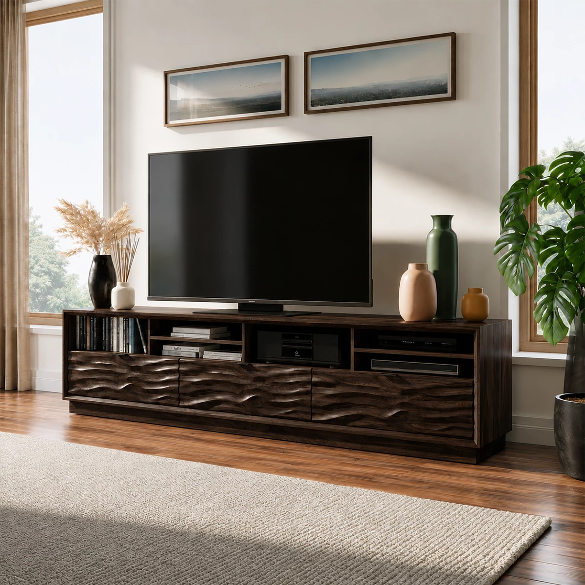 Natural Solid Wood TV Stand Sculpted Wave Modern Style