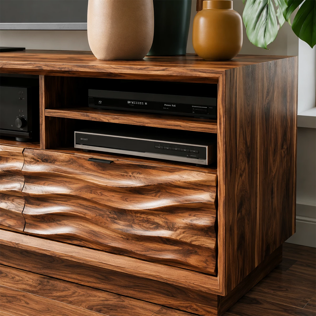 Natural Solid Wood TV Stand Sculpted Wave Modern Style