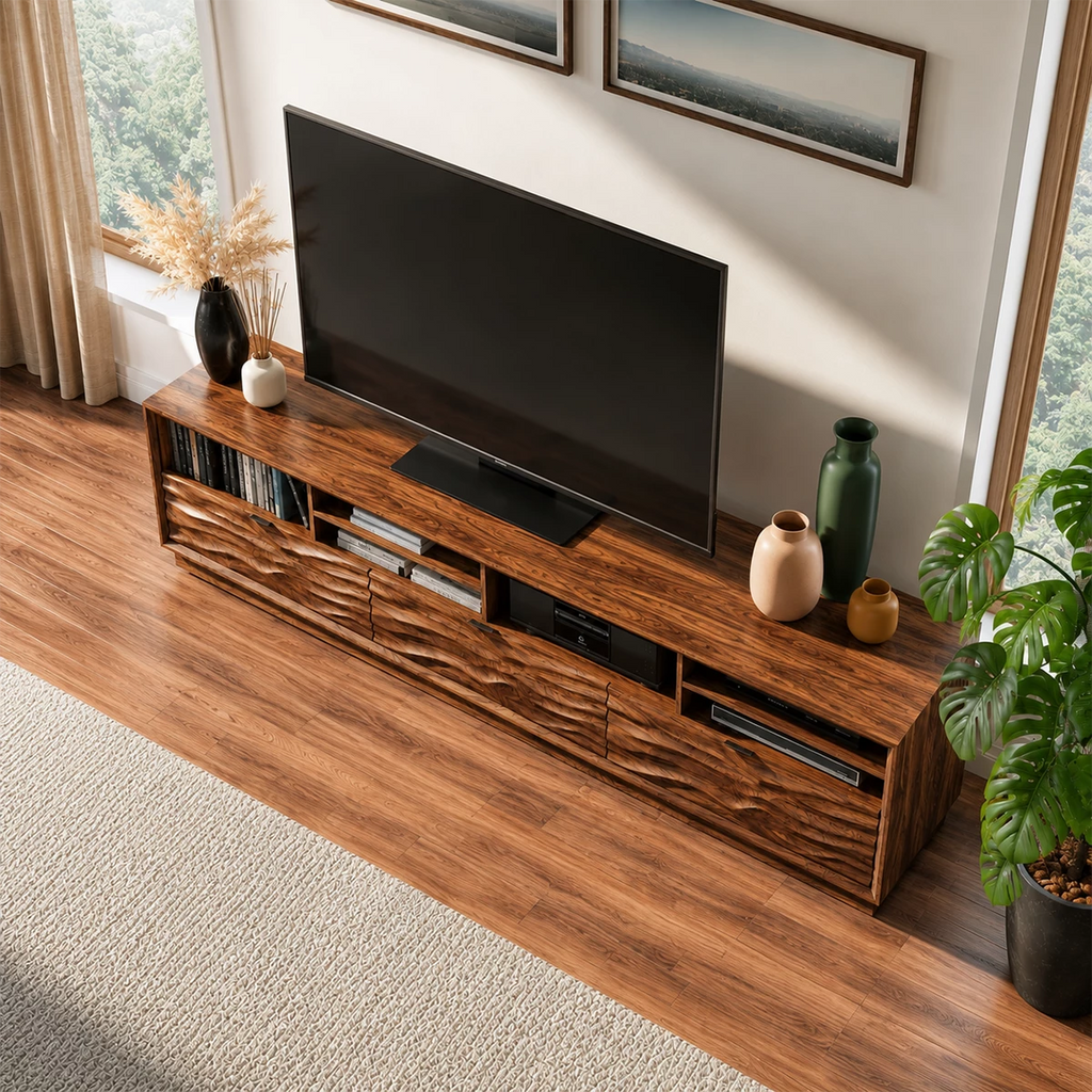 Natural Solid Wood TV Stand Sculpted Wave Modern Style