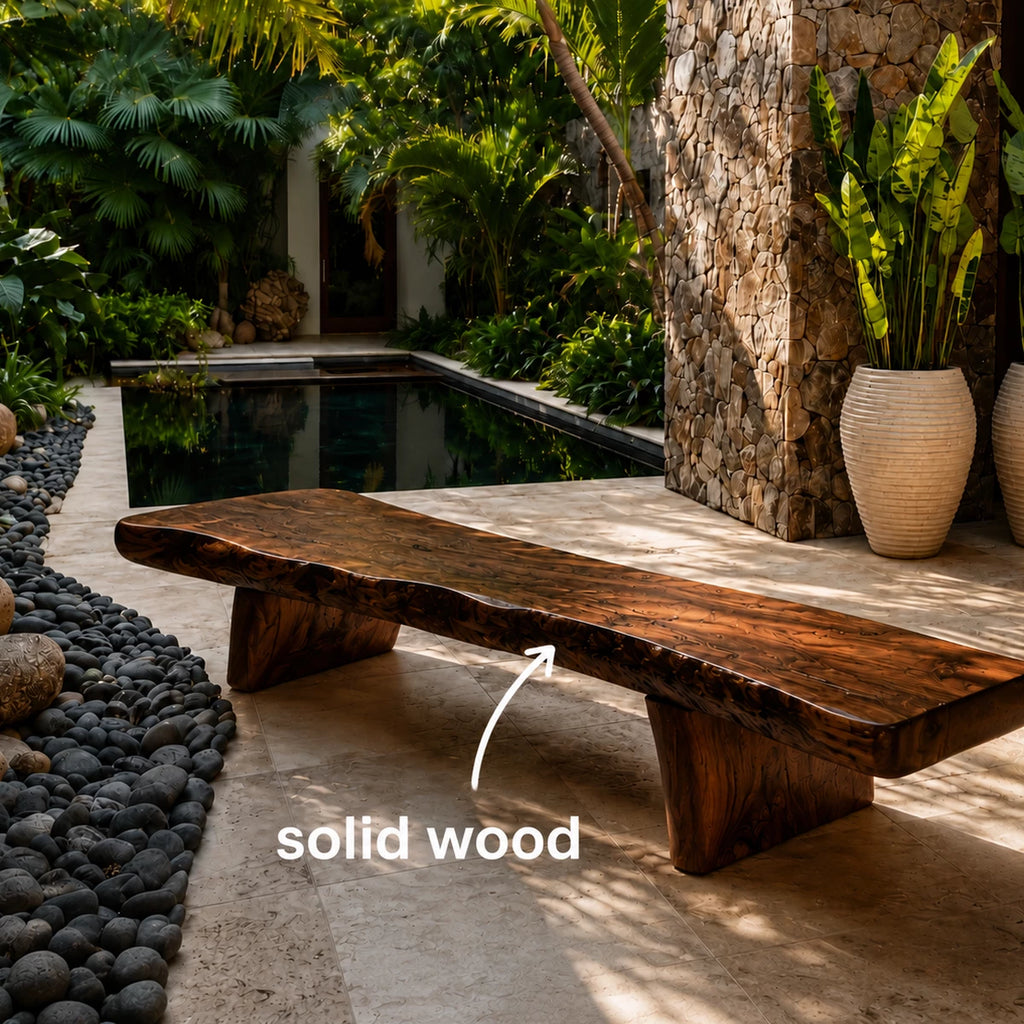 Live Edge Solid Wood Outdoor Bench – Natural Wood Garden Bench for Patio and Resort Spaces
