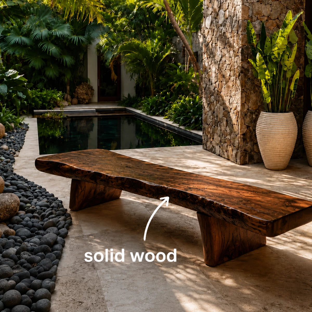 Live Edge Solid Wood Outdoor Bench – Natural Wood Garden Bench for Patio and Resort Spaces