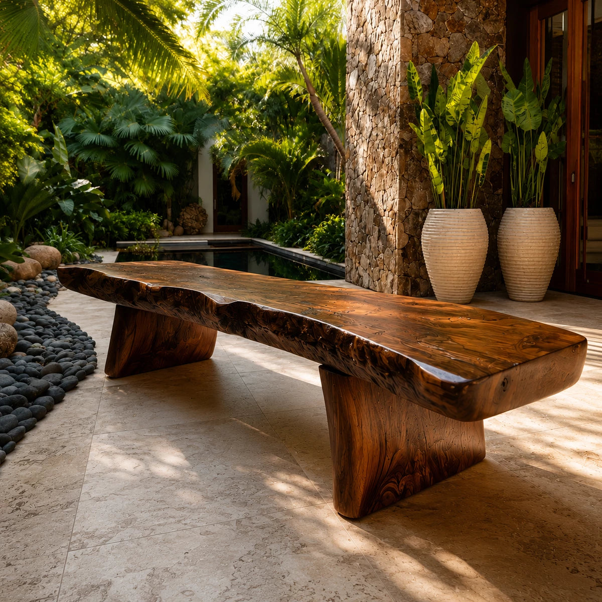 Live Edge Solid Wood Outdoor Bench – Natural Wood Garden Bench for Patio and Resort Spaces
