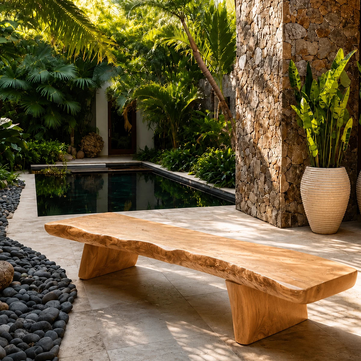 Live Edge Solid Wood Outdoor Bench – Natural Wood Garden Bench for Patio and Resort Spaces