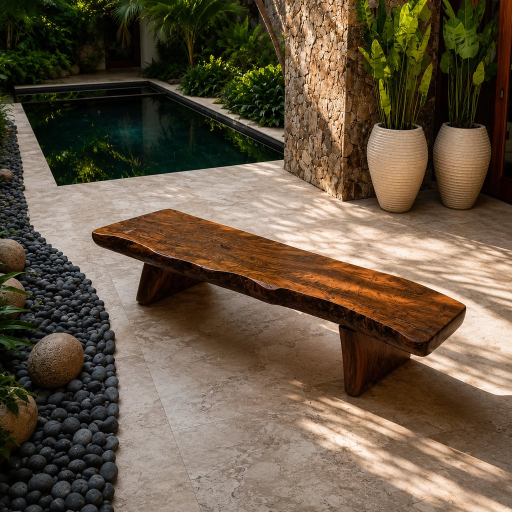 Live Edge Solid Wood Outdoor Bench – Natural Wood Garden Bench for Patio and Resort Spaces