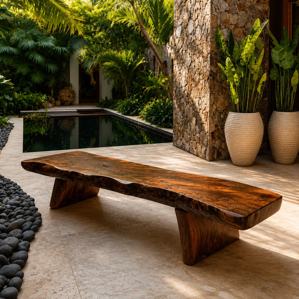Live Edge Solid Wood Outdoor Bench – Natural Wood Garden Bench for Patio and Resort Spaces