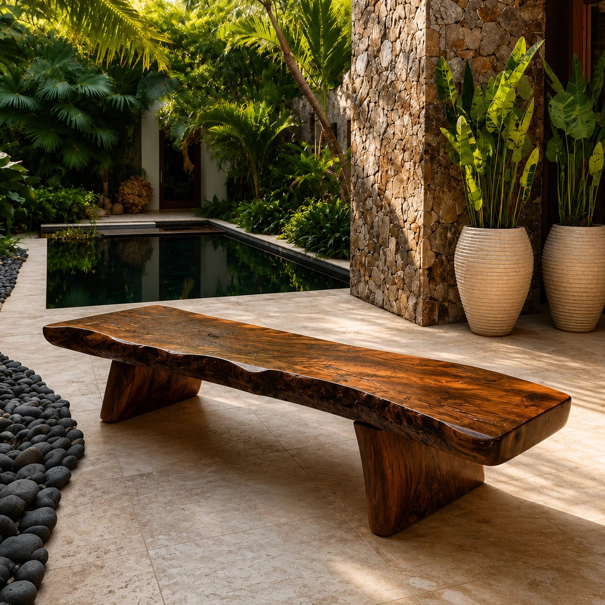 Live Edge Solid Wood Outdoor Bench – Natural Wood Garden Bench for Patio and Resort Spaces
