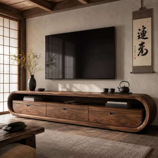 Japandi Solid Wood TV Stand With Rounded Loop Frame, Open Media Shelf And Drawer Storage For Living Room - Echotimber