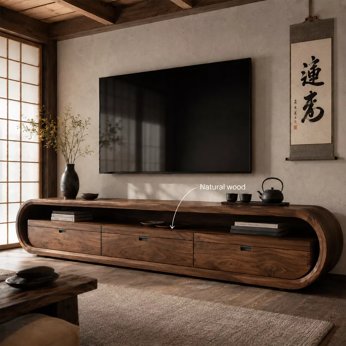 Japandi Solid Wood TV Stand With Rounded Loop Frame, Open Media Shelf And Drawer Storage For Living Room - Livewoodcraft - 10