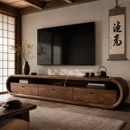 Japandi Solid Wood TV Stand With Rounded Loop Frame, Open Media Shelf And Drawer Storage For Living Room - Livewoodcraft - 10