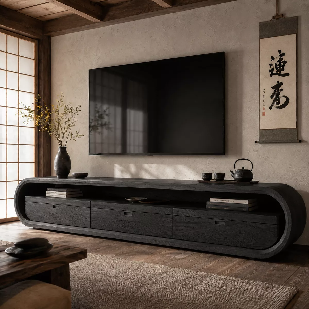 Japandi Solid Wood TV Stand With Rounded Loop Frame, Open Media Shelf And Drawer Storage For Living Room - Livewoodcraft - 2