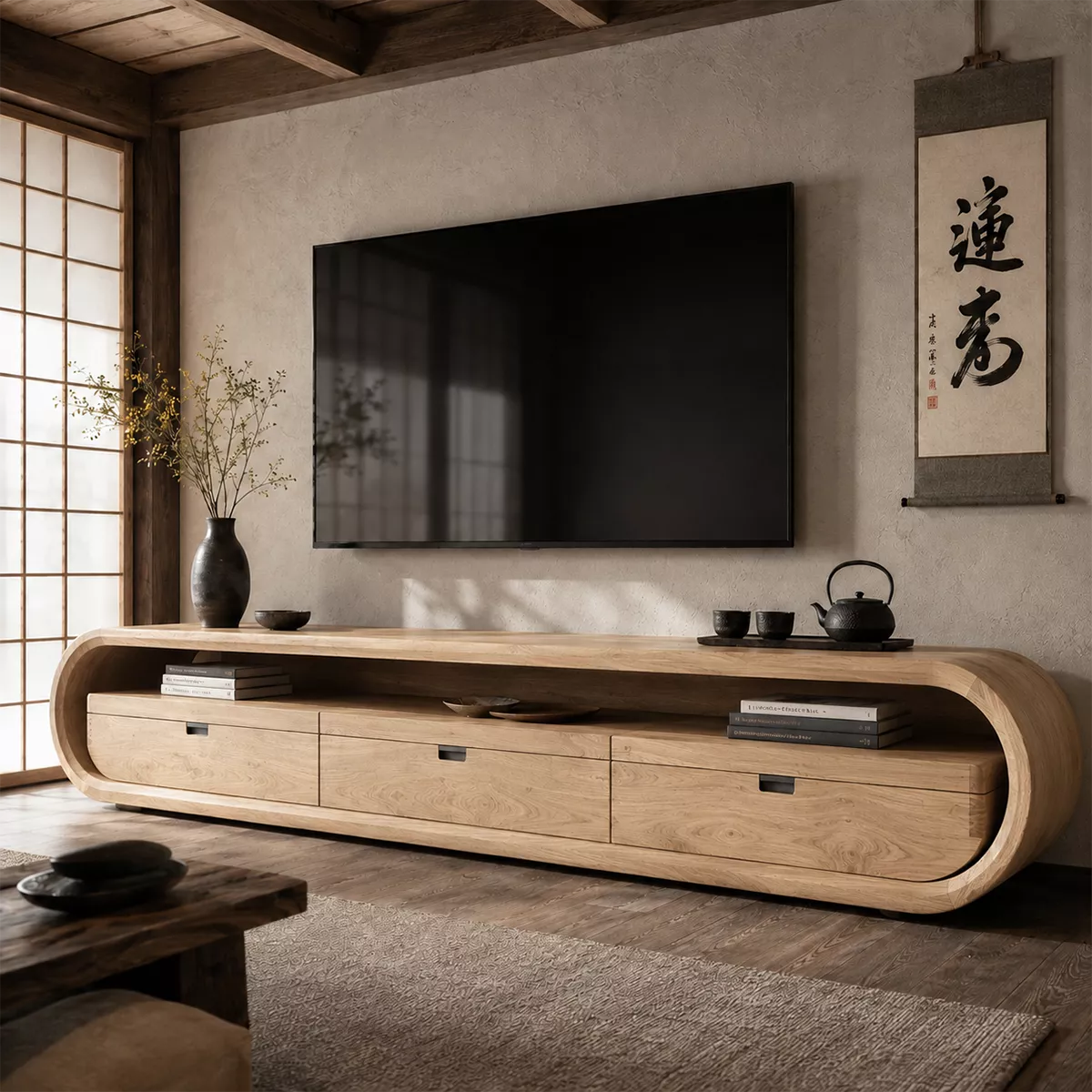 Japandi Solid Wood TV Stand With Rounded Loop Frame, Open Media Shelf And Drawer Storage For Living Room - Livewoodcraft - 3
