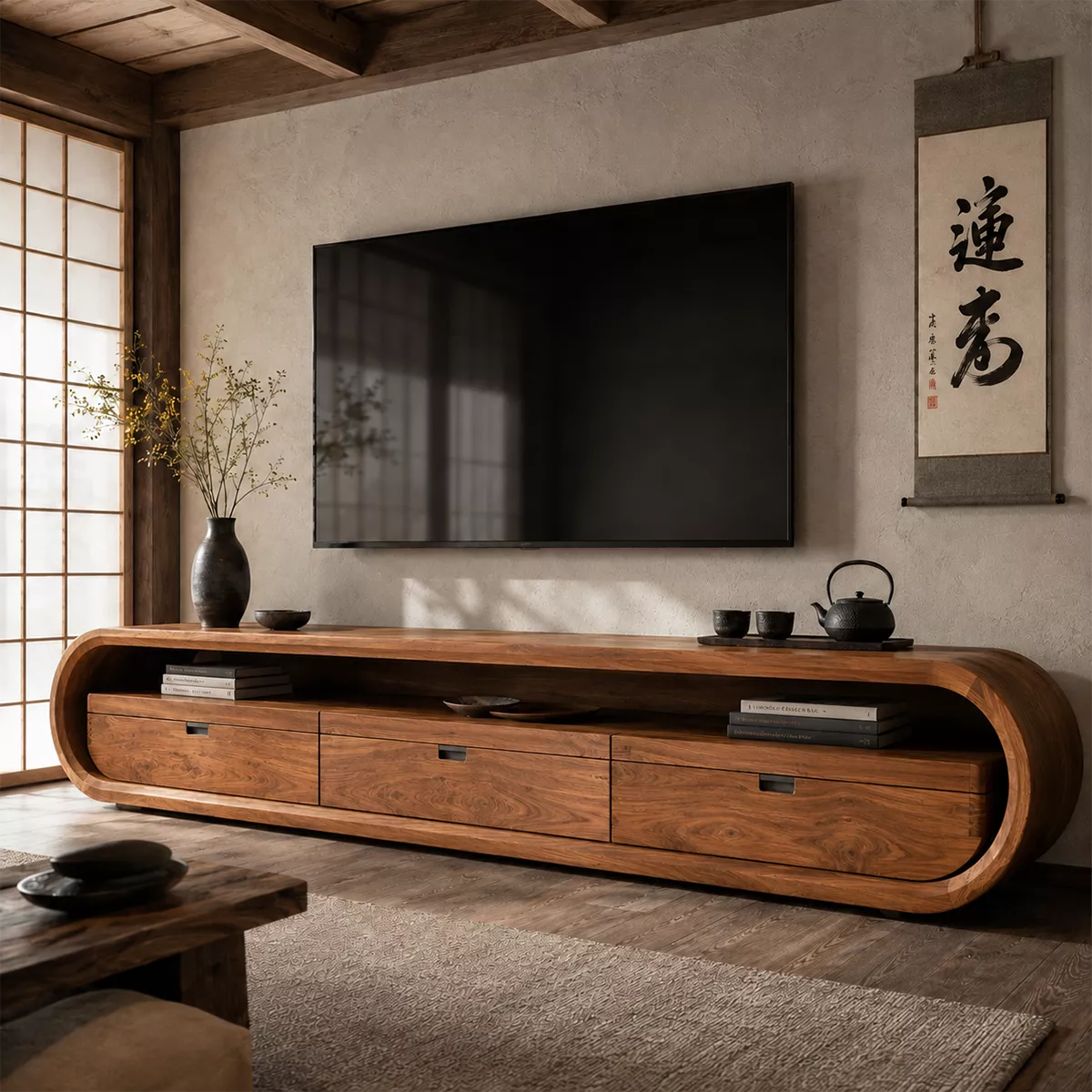 Japandi Solid Wood TV Stand With Rounded Loop Frame, Open Media Shelf And Drawer Storage For Living Room - Livewoodcraft - 4