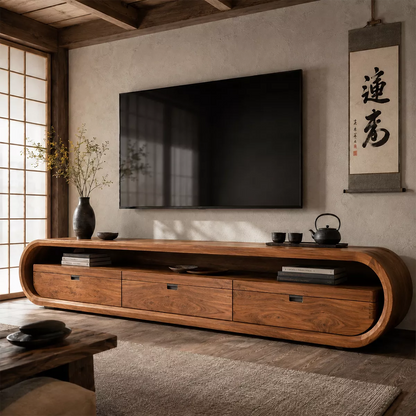 Japandi Solid Wood TV Stand With Rounded Loop Frame, Open Media Shelf And Drawer Storage For Living Room - Livewoodcraft - 4