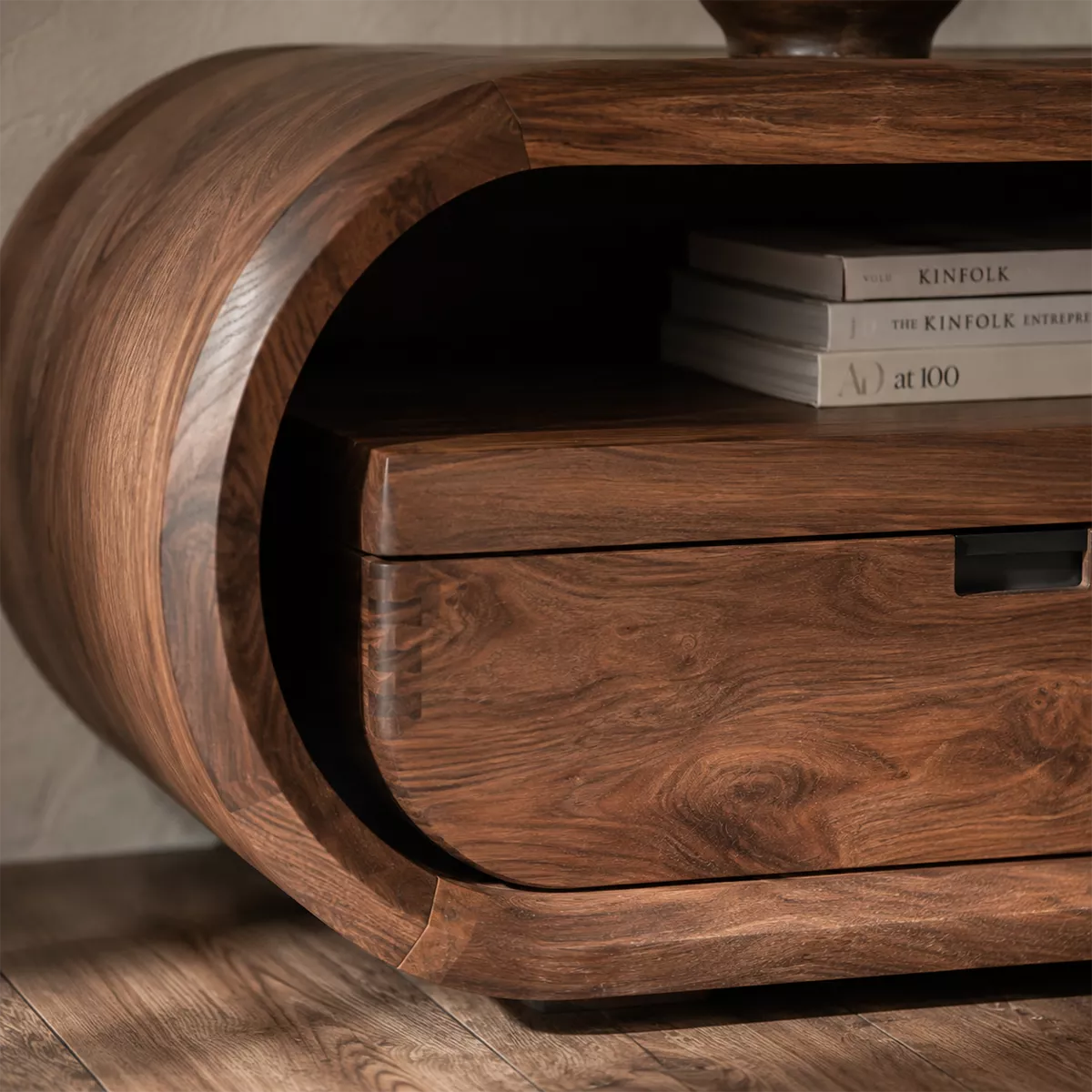 Japandi Solid Wood TV Stand With Rounded Loop Frame, Open Media Shelf And Drawer Storage For Living Room - Livewoodcraft - 5