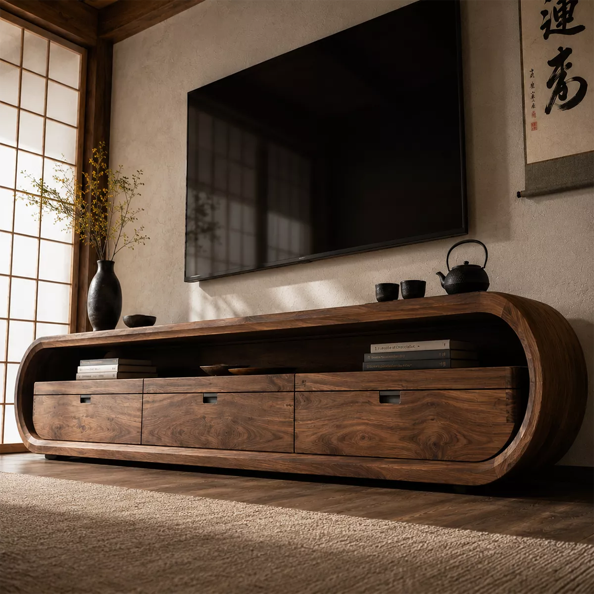 Japandi Solid Wood TV Stand With Rounded Loop Frame, Open Media Shelf And Drawer Storage For Living Room - Livewoodcraft - 6