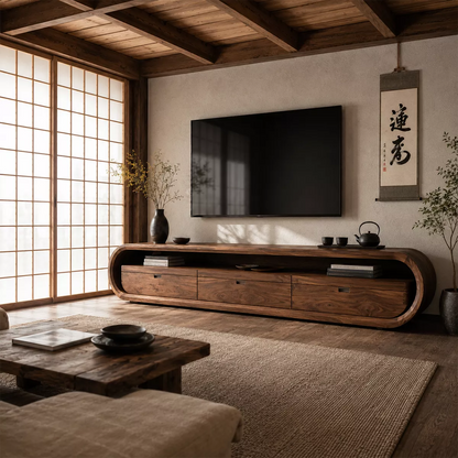 Japandi Solid Wood TV Stand With Rounded Loop Frame, Open Media Shelf And Drawer Storage For Living Room - Livewoodcraft - 7