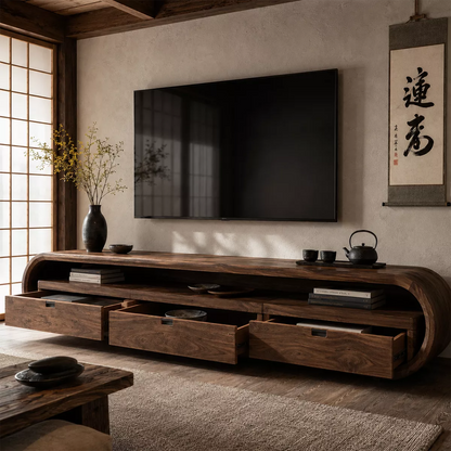Japandi Solid Wood TV Stand With Rounded Loop Frame, Open Media Shelf And Drawer Storage For Living Room - Livewoodcraft - 8