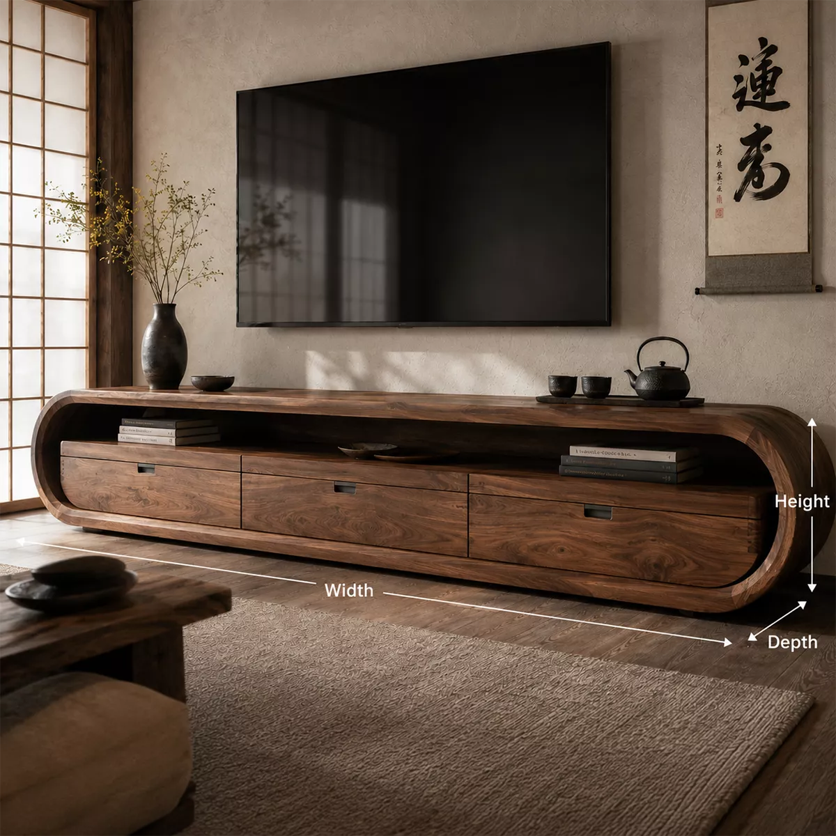 Japandi Solid Wood TV Stand With Rounded Loop Frame, Open Media Shelf And Drawer Storage For Living Room - Livewoodcraft - 9