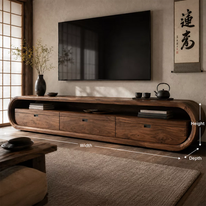 Japandi Solid Wood TV Stand With Rounded Loop Frame, Open Media Shelf And Drawer Storage For Living Room - Livewoodcraft - 9