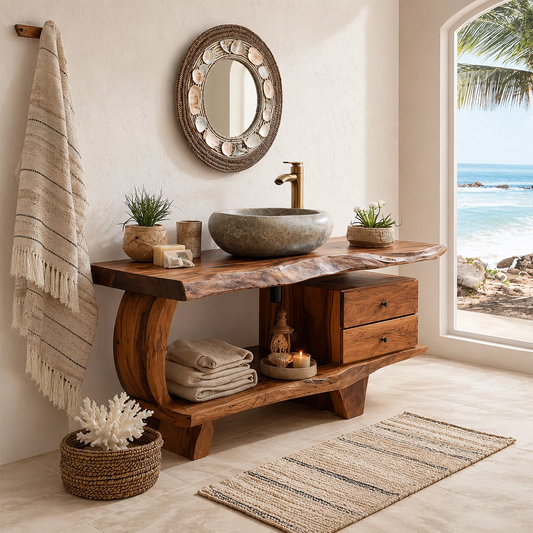 Live Edge Bathroom Vanity with Curved Open Shelf in Natural Solid Wood - Echotimber