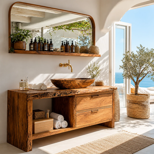 Live Edge Bathroom Vanity with Open Shelf and Dual Drawers in Natural Solid Wood - Echotimber