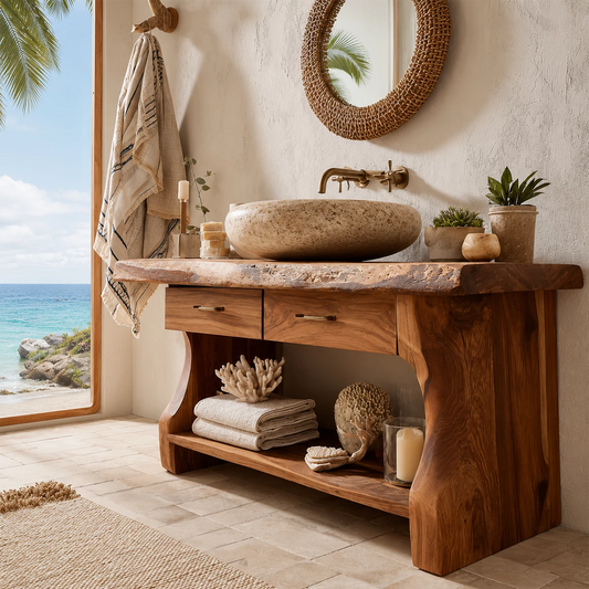 Live Edge Bathroom Vanity with Open Shelf in Natural Solid Wood - Echotimber