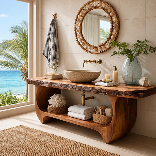 Live Edge Bathroom Vanity with Sculptural Open Shelf in Natural Solid Wood - Echotimber