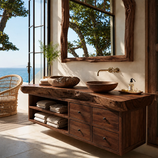 Live Edge Double Sink Bathroom Vanity With Solid Wood Storage & Mirror - Echotimber