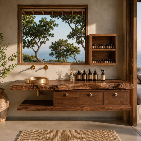 Live Edge Floating Bathroom Vanity With Solid Wood Drawers & Open Shelf - Echotimber