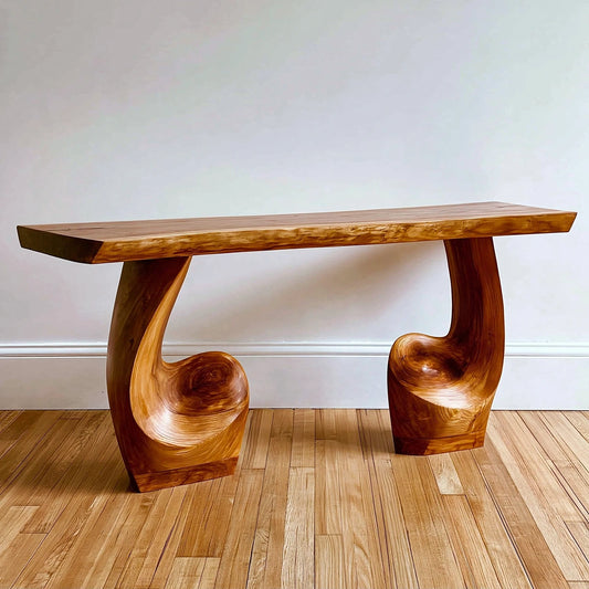 Live Edge Natural Solid Wood Console Table with Sculptural Carved Pedestal Base - Echotimber