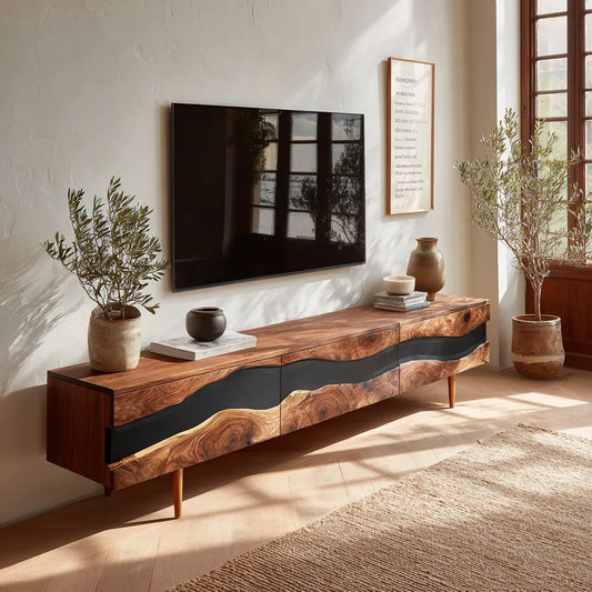 Live Edge Natural Solid Wood TV Stand with Organic Flow Front Design - Echotimber