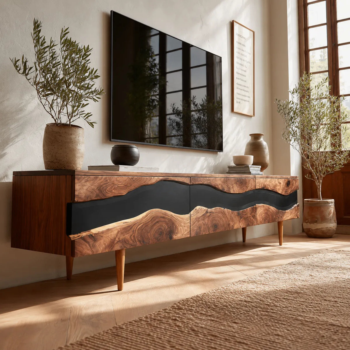 Live Edge Natural Solid Wood TV Stand with Organic Flow Front Design - Livewoodcraft - 9