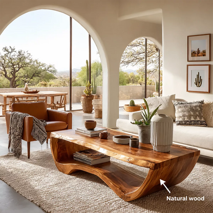 Live Edge Solid Wood Coffee Table With Curved Waterfall Base And Open Shelf For Modern Living Room - Livewoodcraft - 10