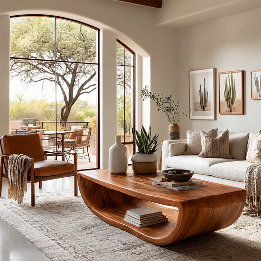 Live Edge Solid Wood Coffee Table With Curved Waterfall Base Open Shelf And Natural Wood Grain For Modern Living Room - Echotimber